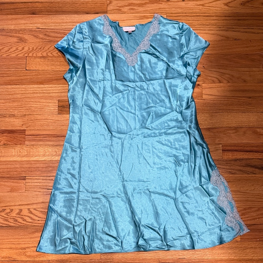 Bed of Roses Teal Satin Nightgown Dress with Lace Detail size large